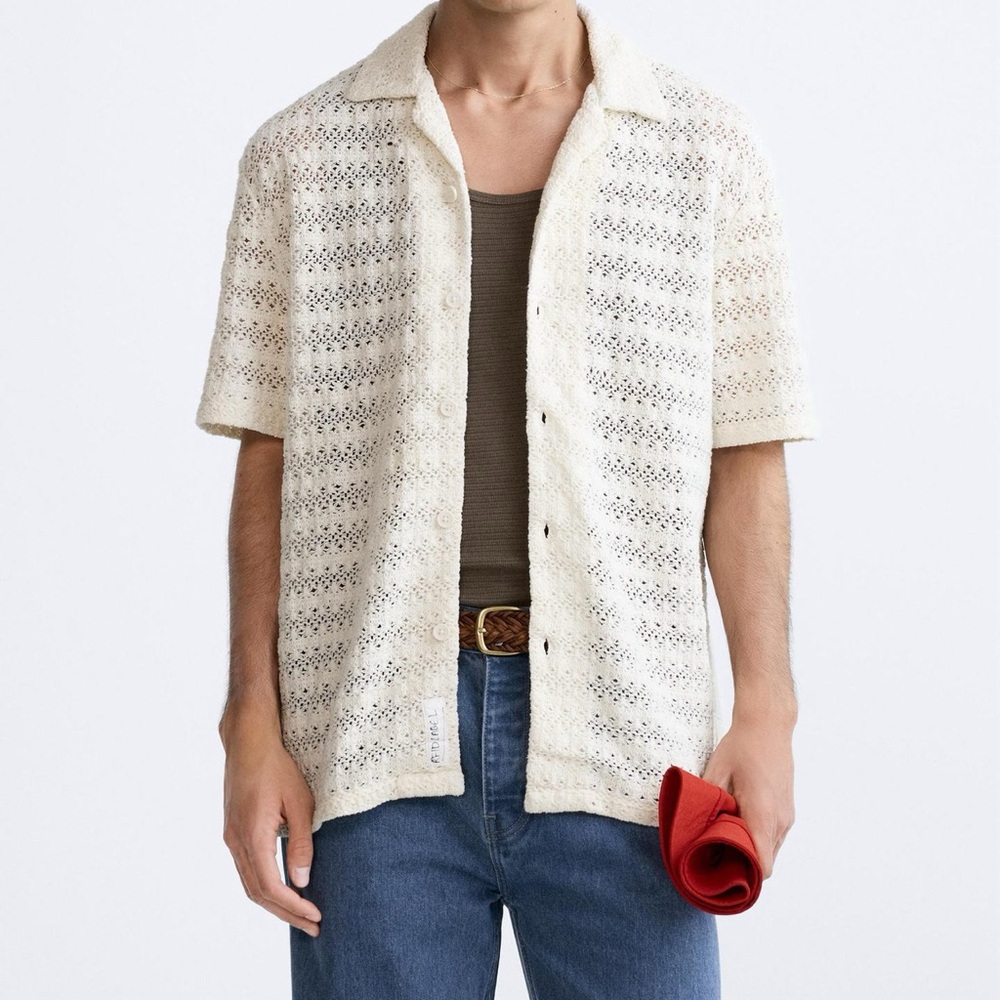 Zara Cream Open-Knit Short Sleeve Button Shirt